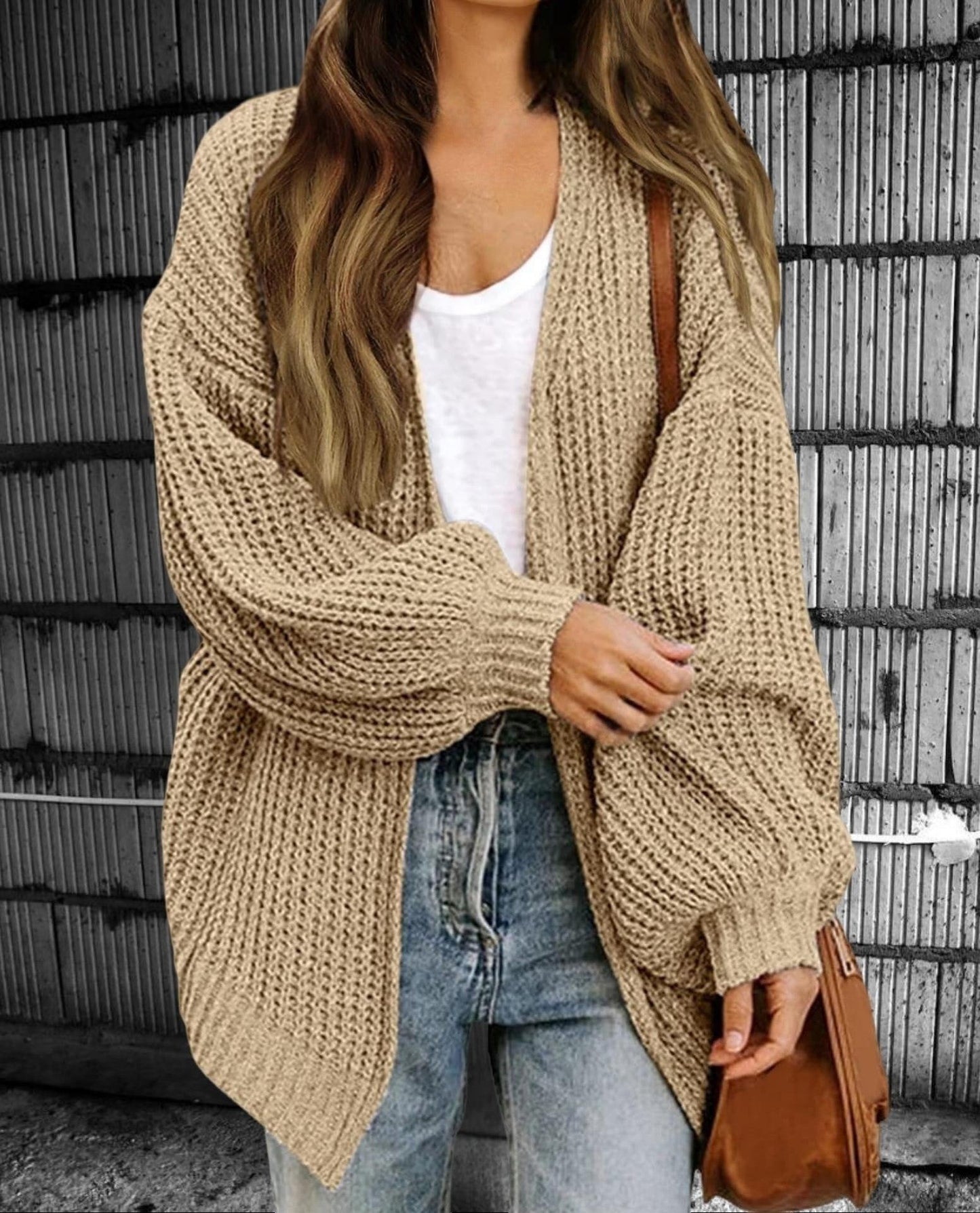 Women’s Knitted Cardigan – Chunky Wool Blend – Oversized Fit – Open Front Layer