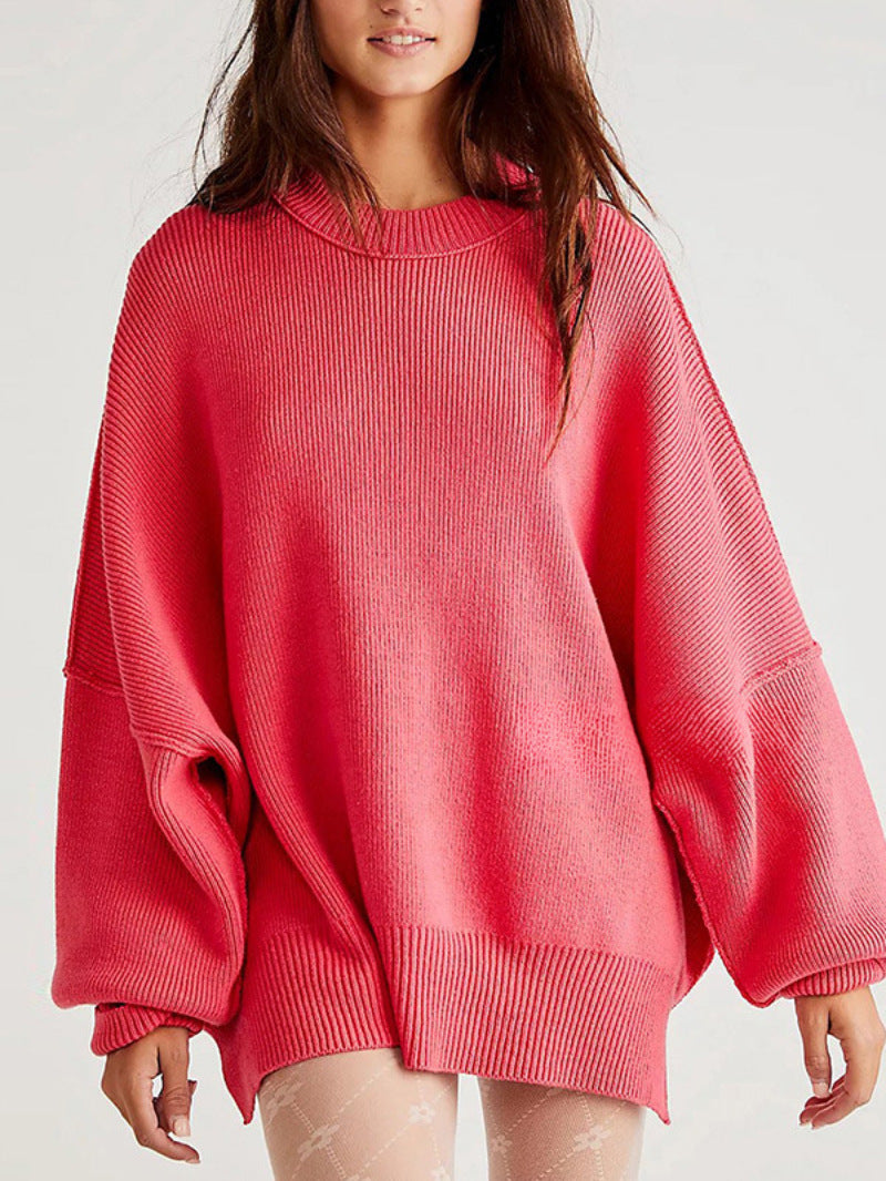 Women’s Pullover Knit Sweater – Oversized Fit – Textured Finish – Side Slits – Crew Neck