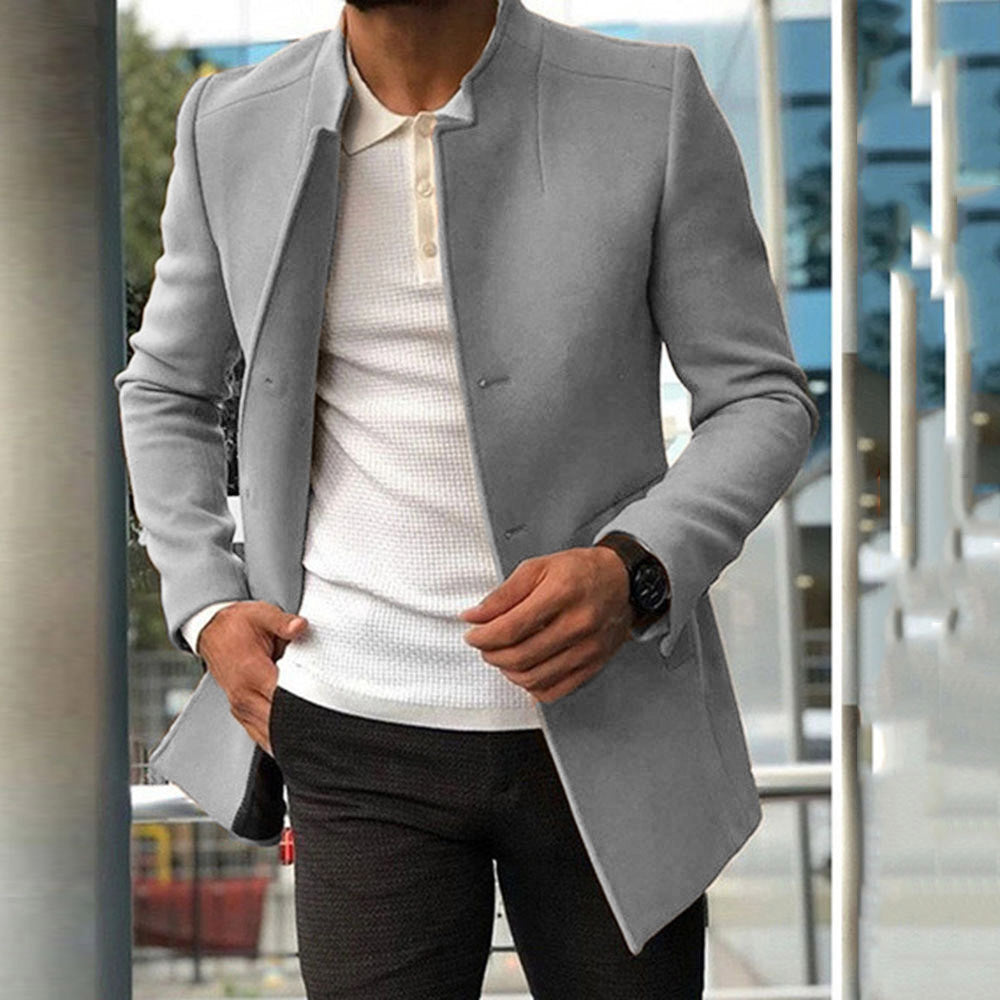 Men’s Overcoat – Slim Fit – Wool Blend – Standing Collar – Concealed Placket
