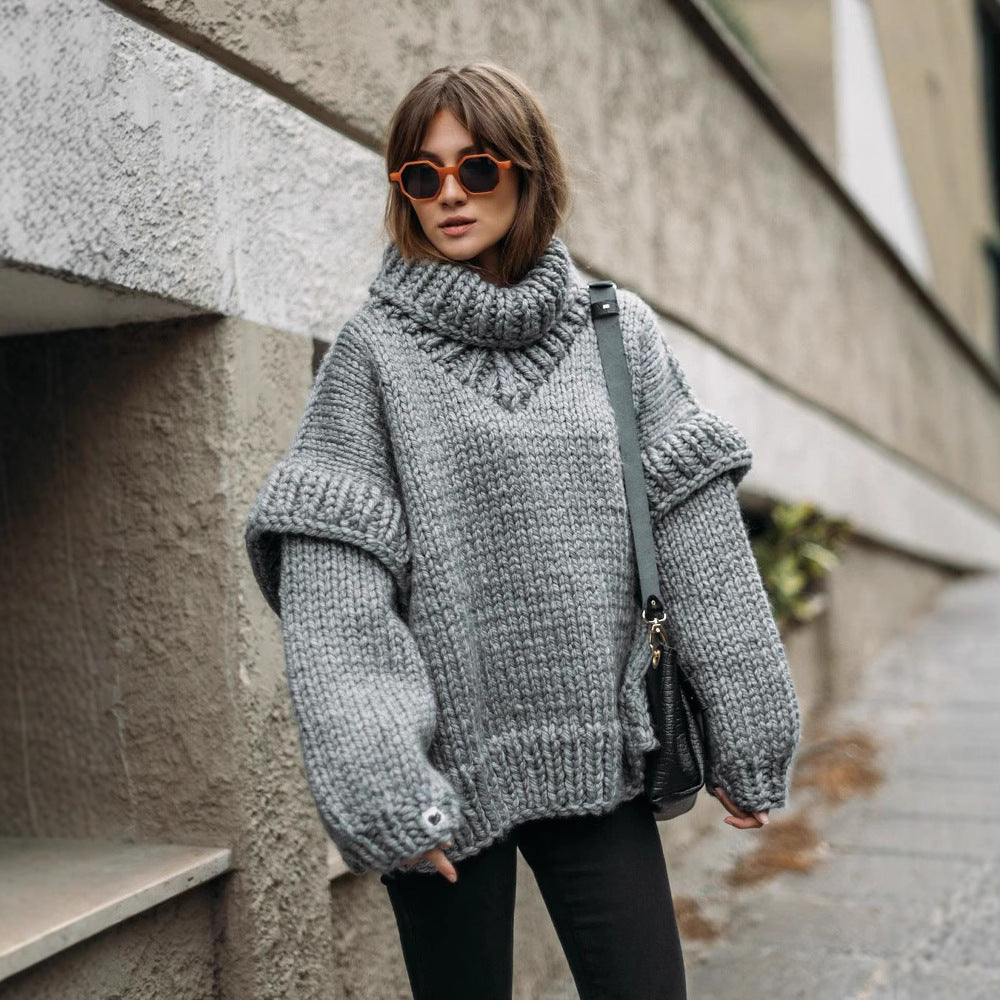 Women’s Pullover Sweatshirt – Chunky Knit Wool – Oversized Fit – Turtleneck – Ribbed Cuffs