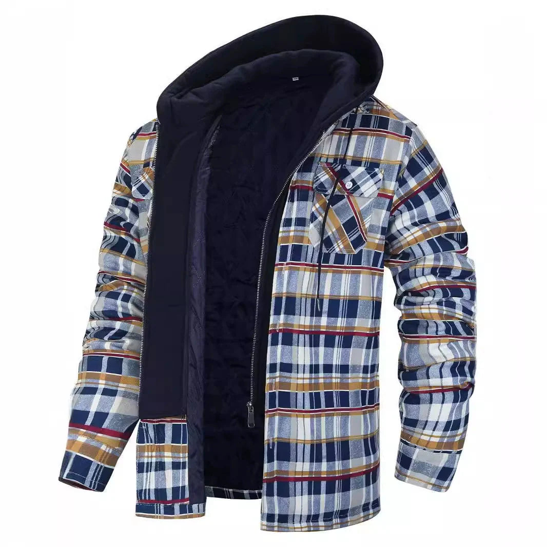 Men’s Jacket – Plaid Pattern – Quilted Sherpa Lining – Hooded – Regular Fit Casual