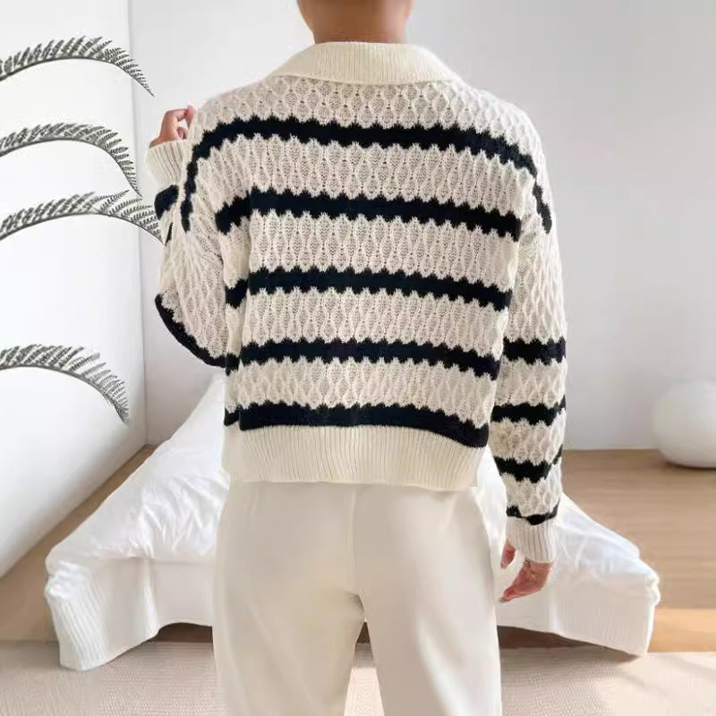 Women’s Pullover Sweater – Relaxed Fit – Knit Striped – Polo Collar – Hip Length