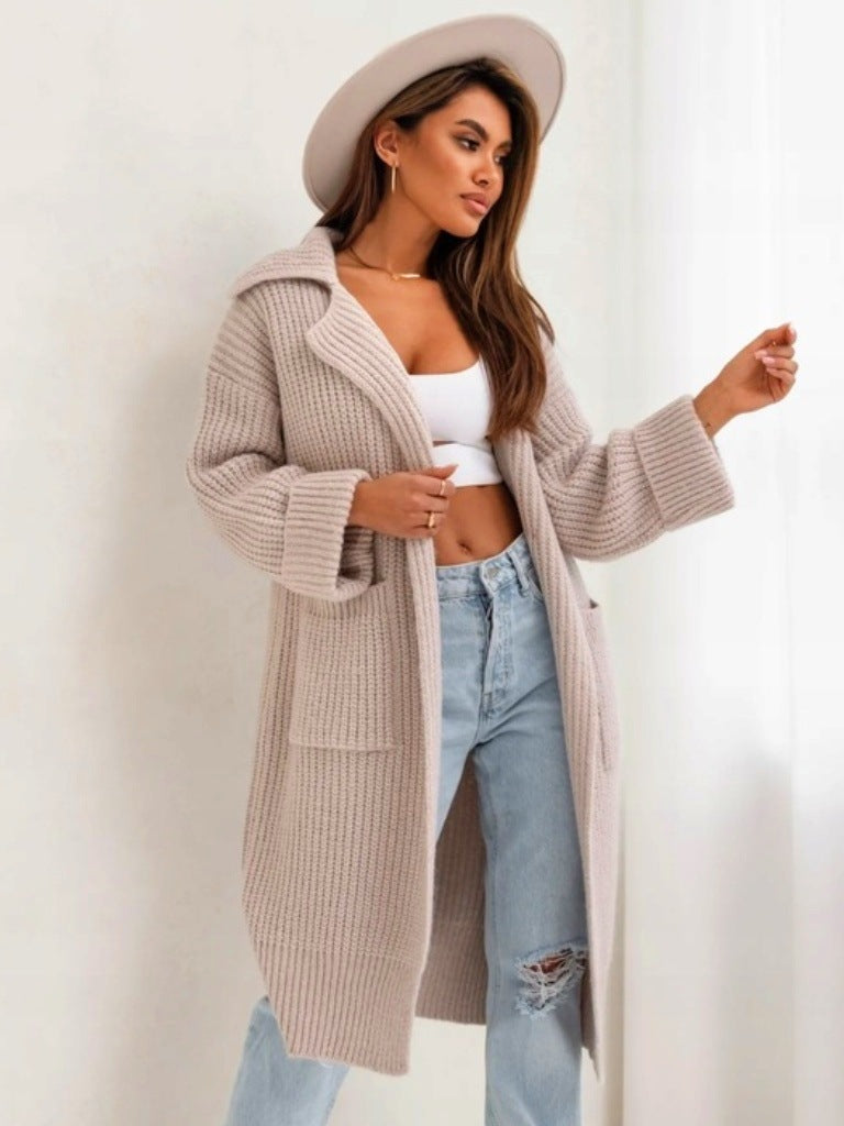 Women’s Long Knit Coat – Wool Blend – Oversized Fit – Hooded with Front Pockets