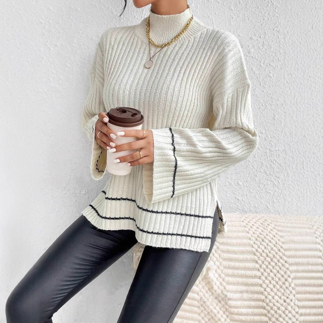 Women’s Knitted Sweater – Oversized Fit – Ribbed Texture – Mock Neck – Long Sleeve