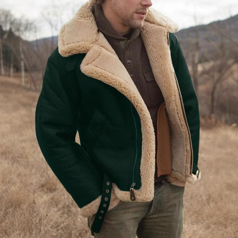 Men’s Aviator Jacket – Leather Build – Shearling Collar and Cuffs – Buckle Waist – Zip Front