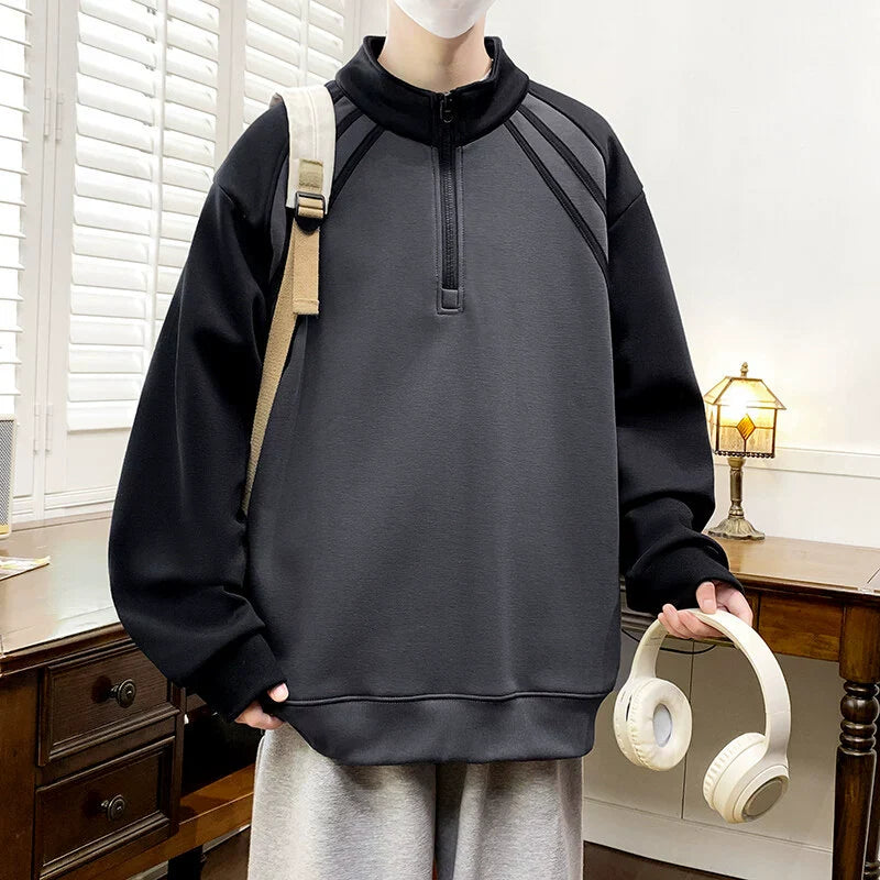 Men’s Sweatshirt – Oversized Relaxed Fit – Half Zip Collar – Contrast Sleeves – Cotton Blend