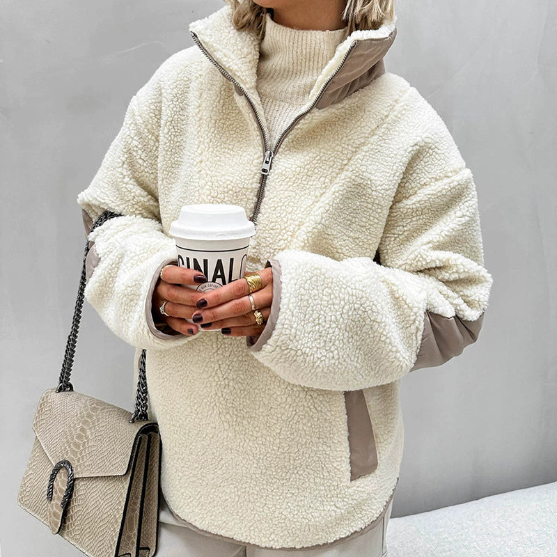 Women’s Sherpa Half-zip Sweatshirt Pullover Fleece – Oversized Fit – Quarter Zip – Stand Collar – Side Pockets