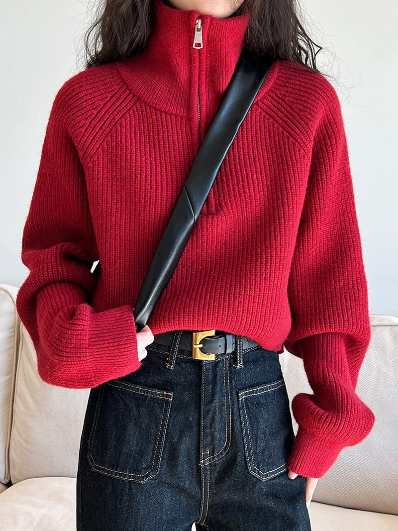 Women’s Pullover Sweatshirts – Wool – Relaxed Fit – High Zip Collar – Ribbed Trim
