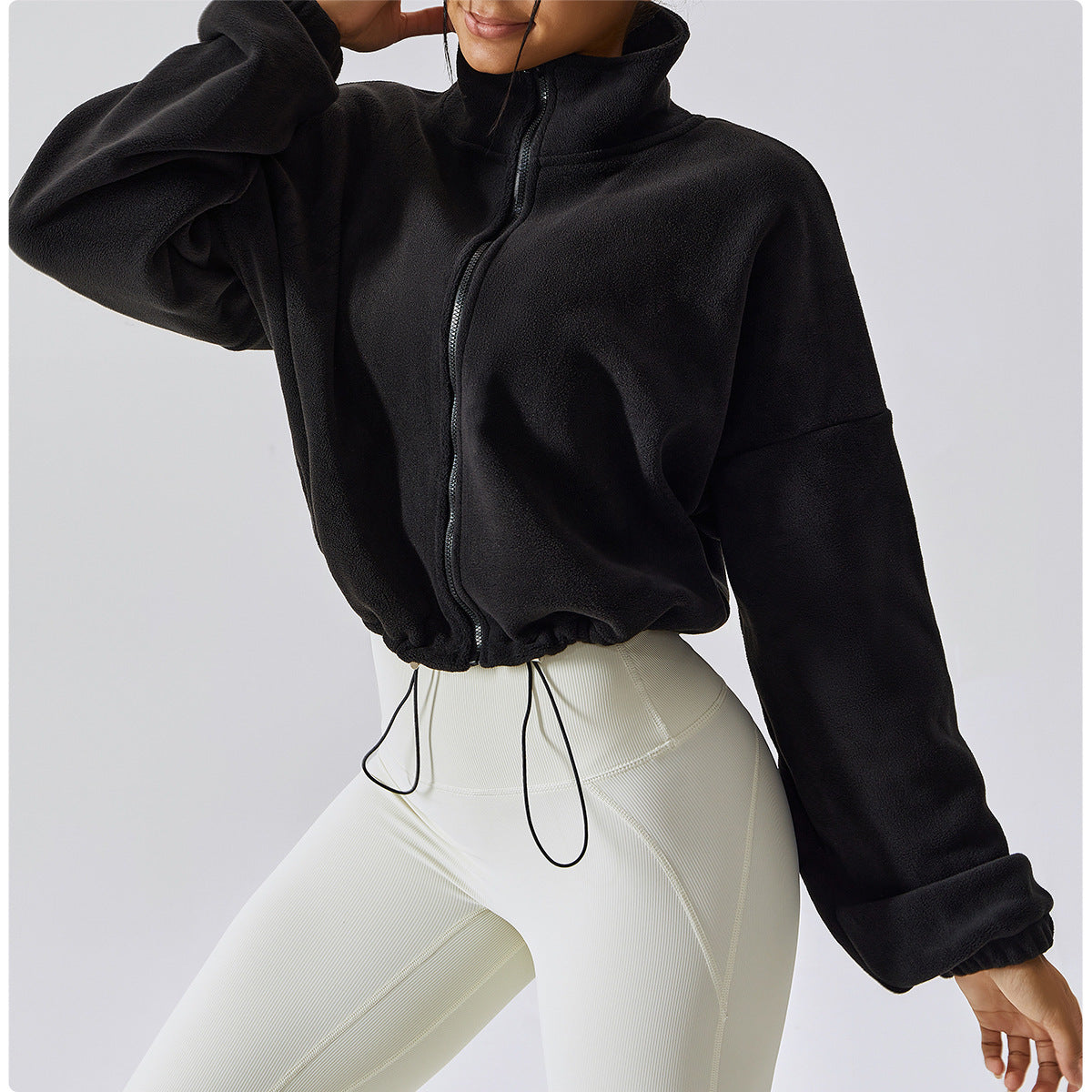 Women’s Cropped Jacket – Plush Fleece Feel – Loose Fit – Stand Collar – Zip Front