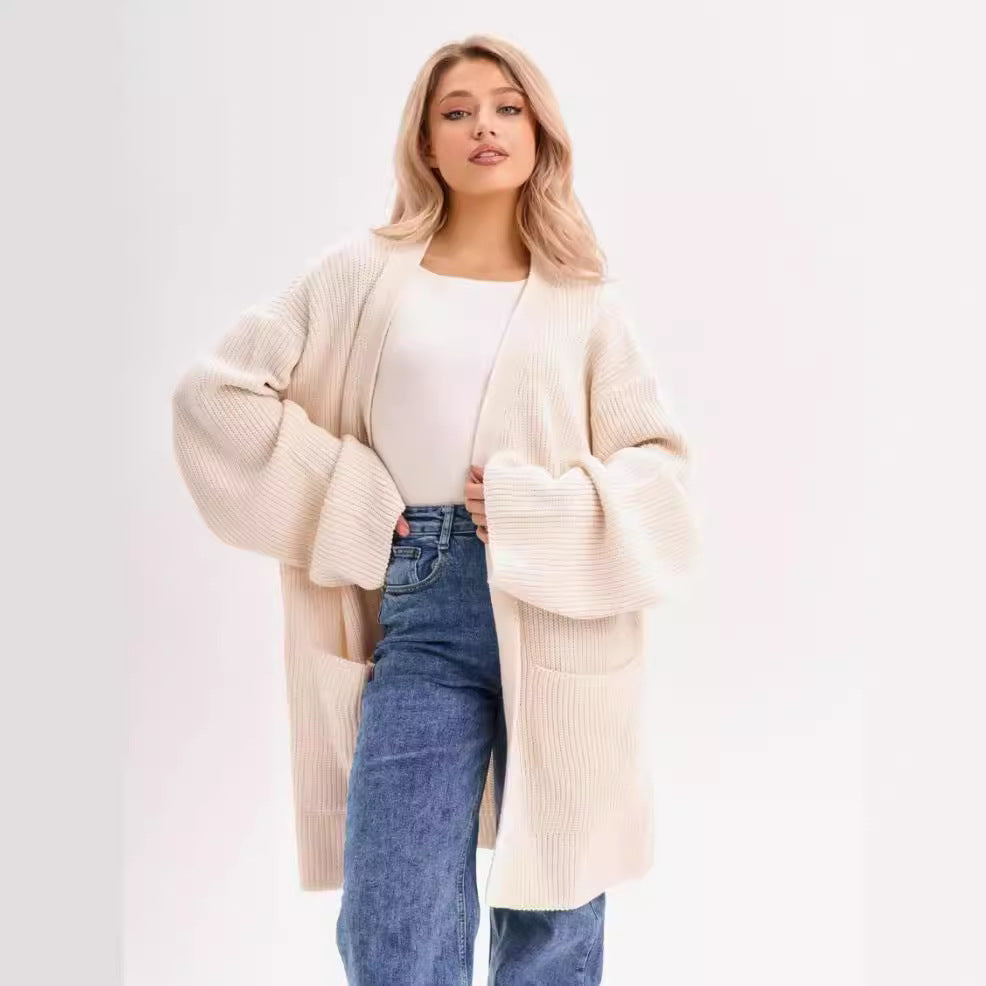 Women’s Knitted Cardigan – Oversized Fit – Open Front – Long Length with Pockets