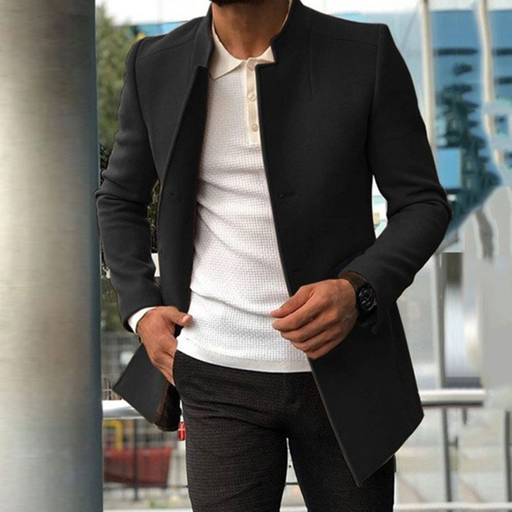 Men’s Overcoat – Slim Fit – Wool Blend – Standing Collar – Concealed Placket