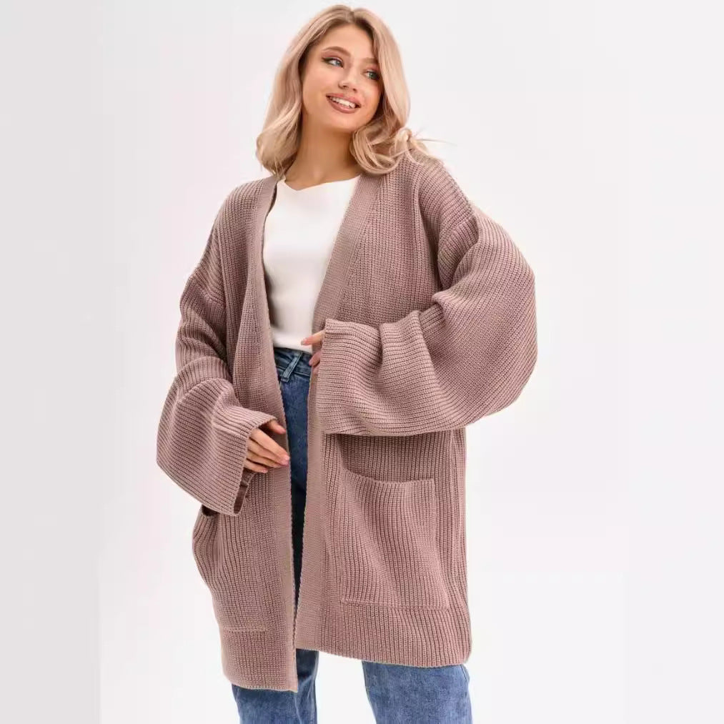 Women’s Knitted Cardigan – Oversized Fit – Open Front – Long Length with Pockets