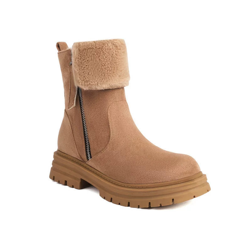 Women’s Ankle Boots – Faux Fur Lined – Lug Sole – Round Toe – Zipper Closure