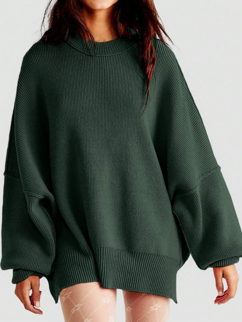 Women’s Pullover Knit Sweater – Oversized Fit – Textured Finish – Side Slits – Crew Neck