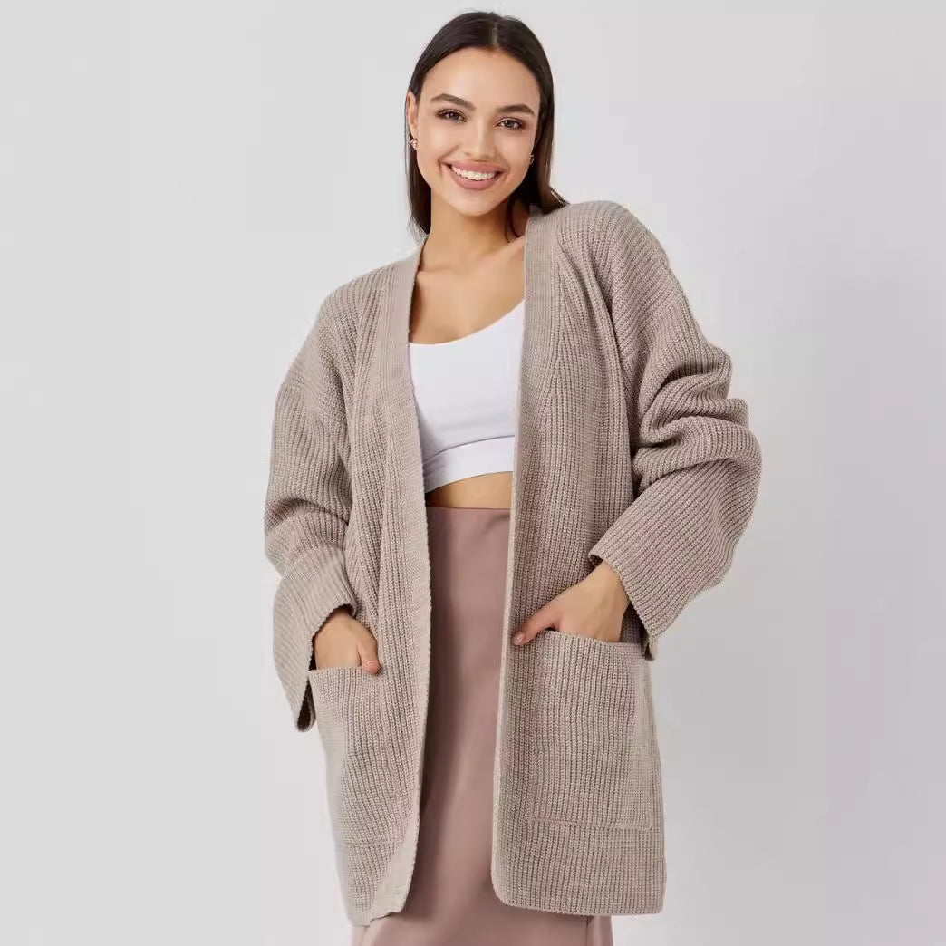 Women’s Knitted Cardigan – Oversized Fit – Open Front – Long Length with Pockets
