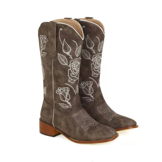 Women’s Mid-Calf Boots – Suede-Like Texture – Embroidered Floral – Low Block Heel