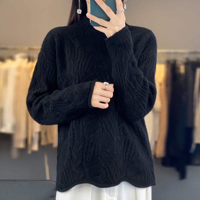 Women’s Sweatshirt – Loose Fit – Soft Knit – Open-Knit Texture – Mock Neck – Hip Length