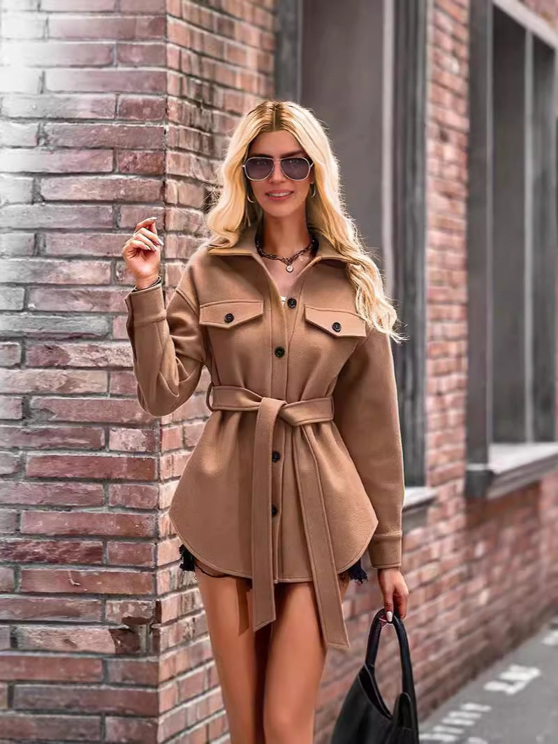 Women’s Short Coat – Wool – Oversized Fit – Lapel Collar – Button Front – Chest Pocket