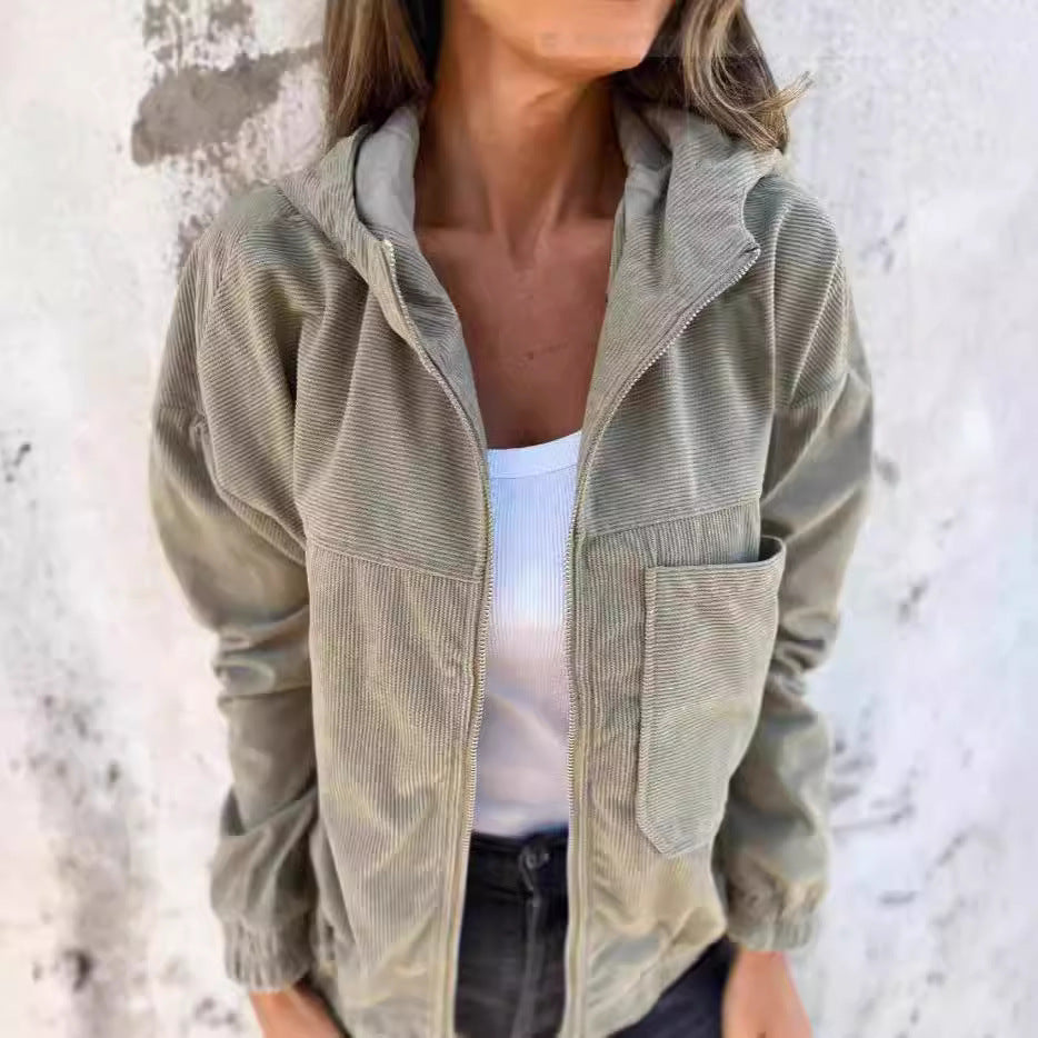 Women’s Hooded Jacket – Relaxed Fit – Corduroy Fabric – Zip Front – Elastic Cuffs