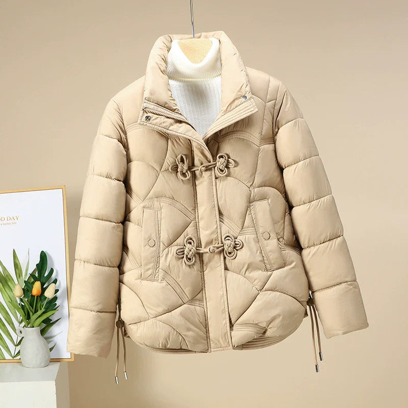 Women’s Puffer Jacket – Oversized Fit – Quilted Pattern – Frog Buttons – Adjustable Hem