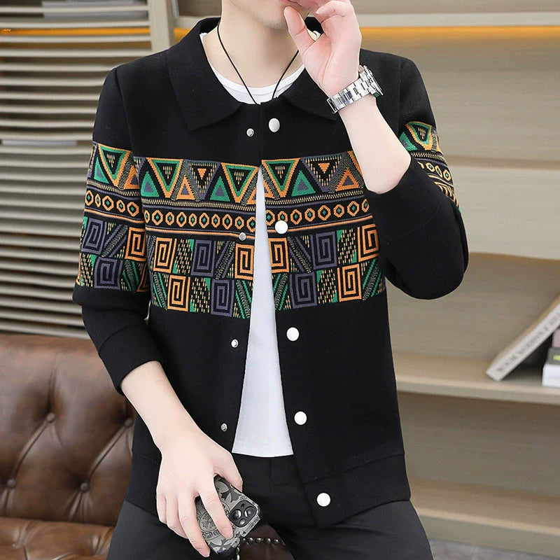 Men’s Knitted Jacket – Slim Fit – Geometric Pattern – Shirt Collar – Button Front