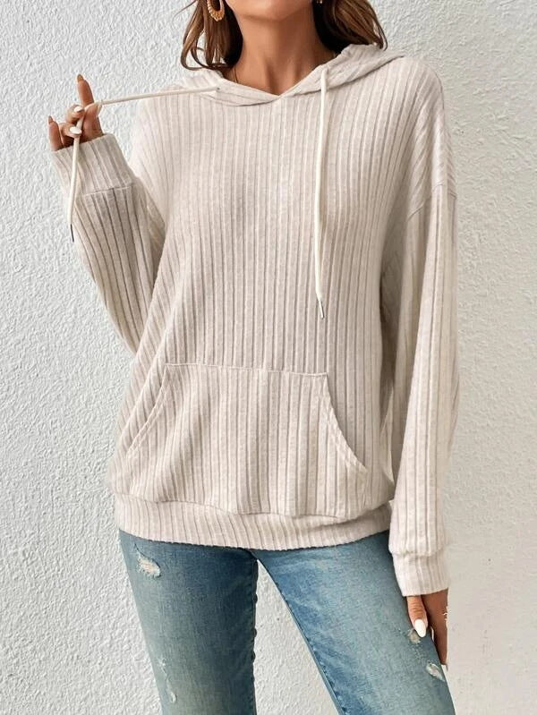 Women’s Hooded Sweater – Relaxed Fit – Rib Knit – Kangaroo Pocket – Drawstring Hood