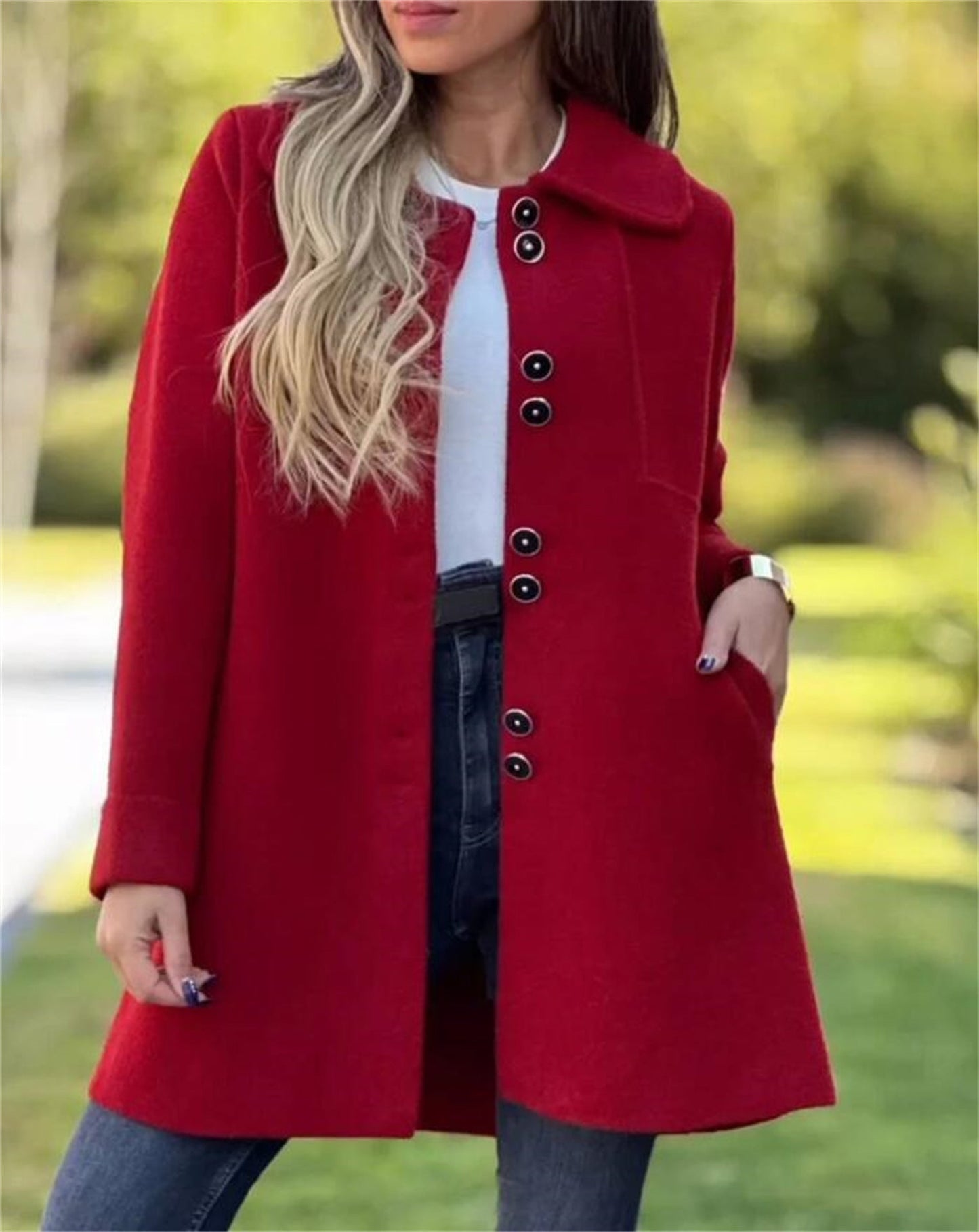 Women’s Wool Coat – Tailored Fit – Single-Breasted – Thigh Length – Classic Collar