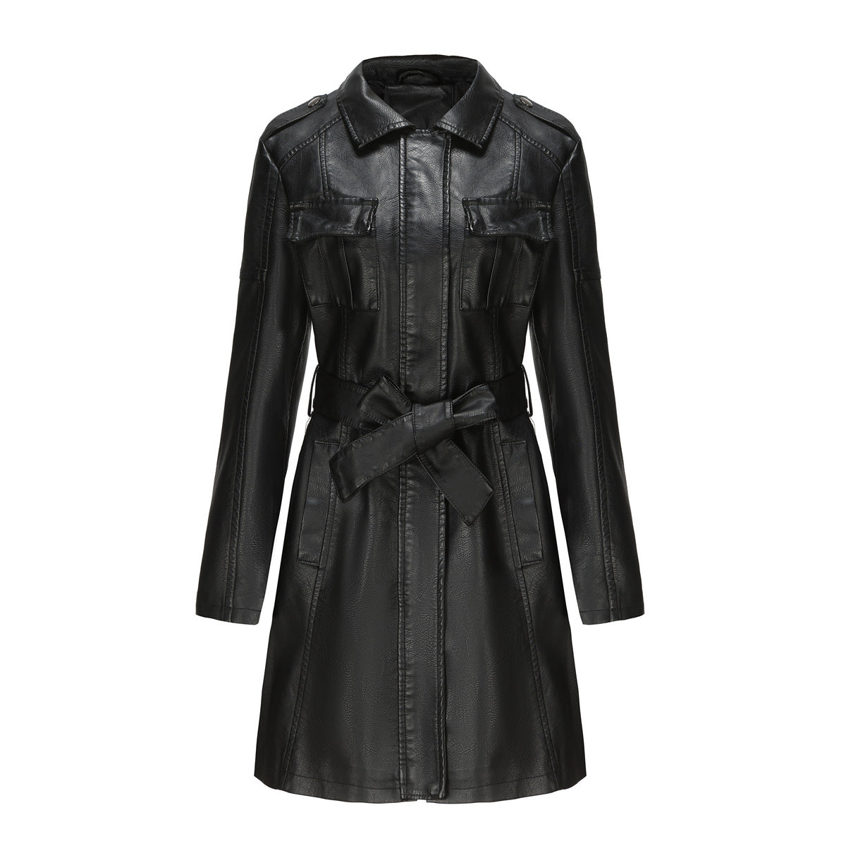 Women’s Mid-Length Jacket – Structured Fit – Faux Leather Look – Button Epaulets – Flap Pockets