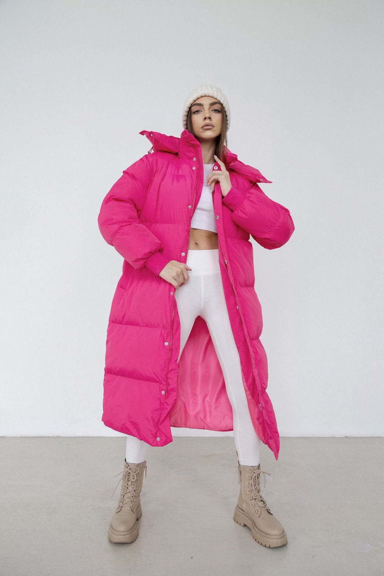 Women’s Puffer Trench Coat – Oversized Fit – Quilted Insulated – Hooded High Collar – Full Zip