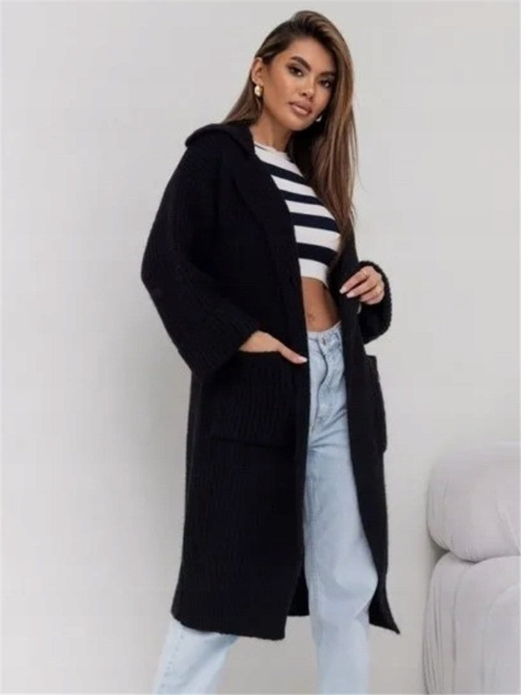 Women’s Long Knit Coat – Wool Blend – Oversized Fit – Hooded with Front Pockets