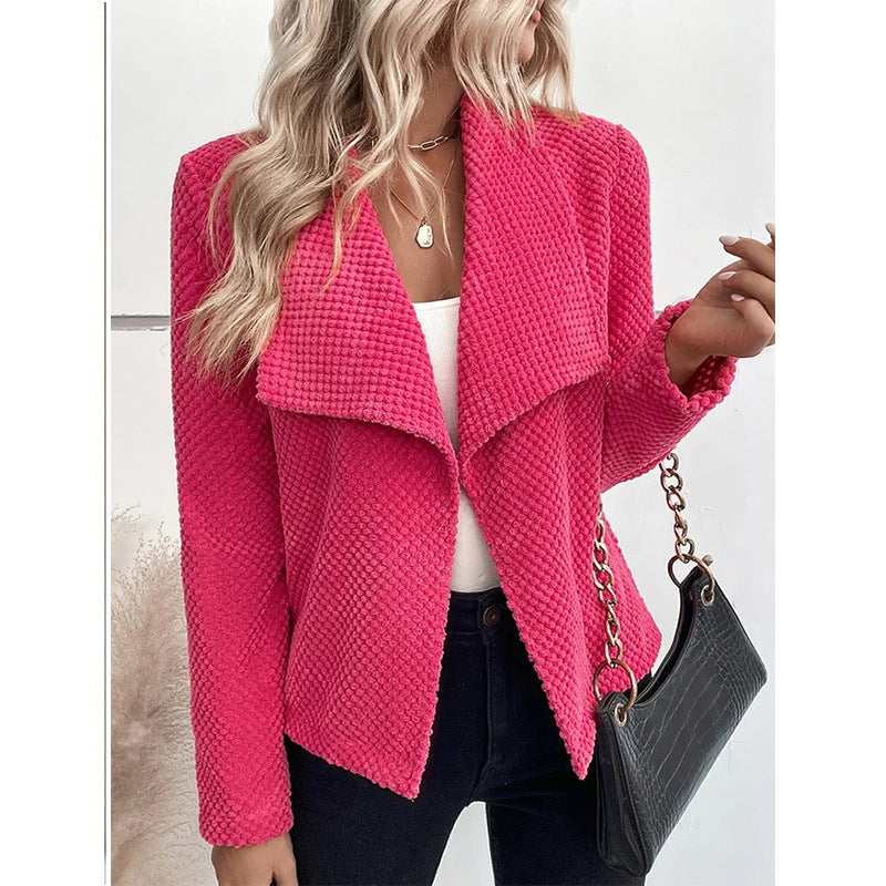 Women’s Jacket – Relaxed Fit – Waffle Knit – Open Front Waterfall Lapel – Long Sleeve