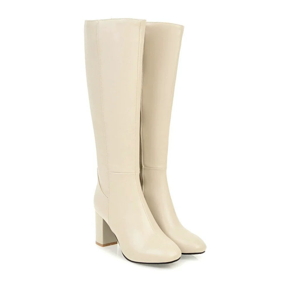 Women’s Knee-High Boots – Structured Fit – Block Heel – Smooth Finish – Zipper Closure