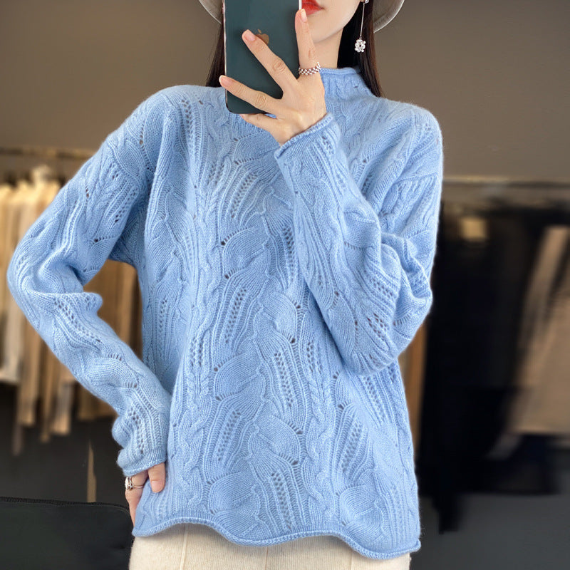 Women’s Sweatshirt – Loose Fit – Soft Knit – Open-Knit Texture – Mock Neck – Hip Length