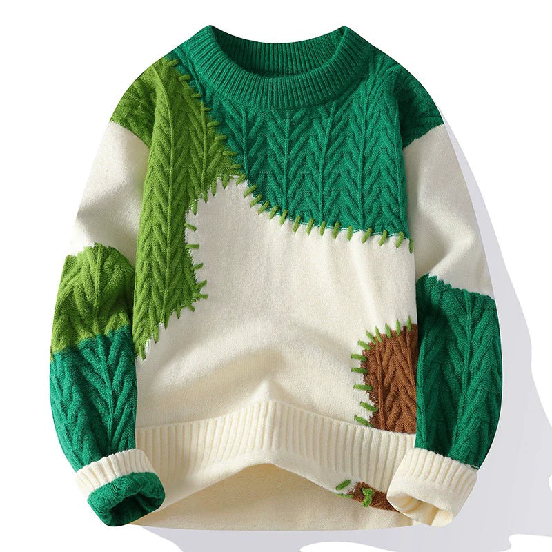 Men’s Sweater – Loose Fit – Knitted Patchwork – Ribbed Crew Neck – Casual Wear