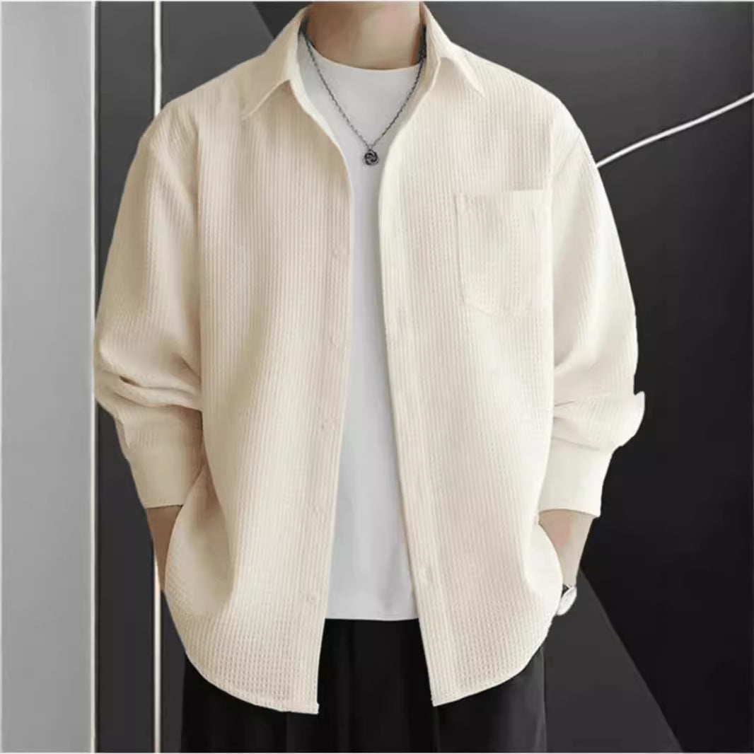 Men’s Button-Up Shirt – Waffle Knit – Oversized Fit – Long Sleeve – Casual Layer