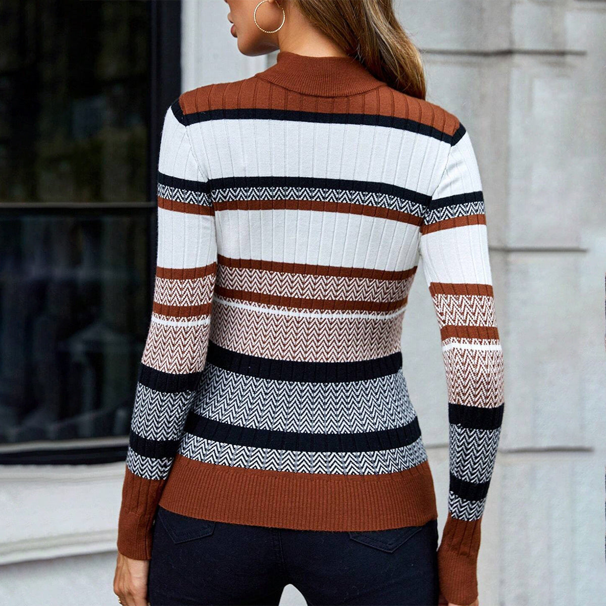Women’s Pullover Sweater – Slim Fit – Ribbed Knit – Semi-High Neck – Striped Design