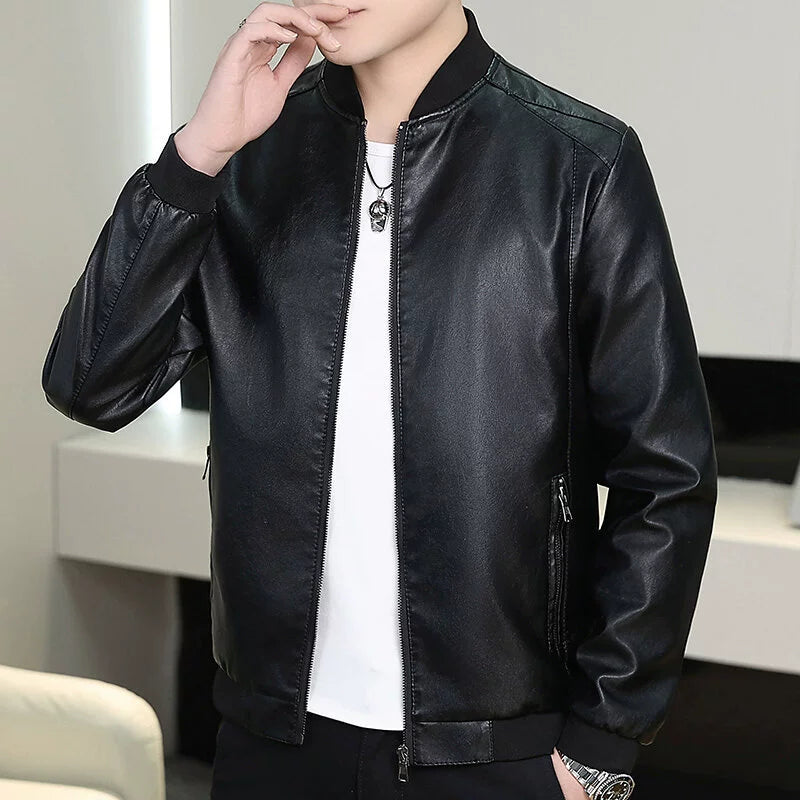 Men’s Bomber Jacket – Slim Fit – Faux Leather – Full Zip – Ribbed Collar and Cuffs