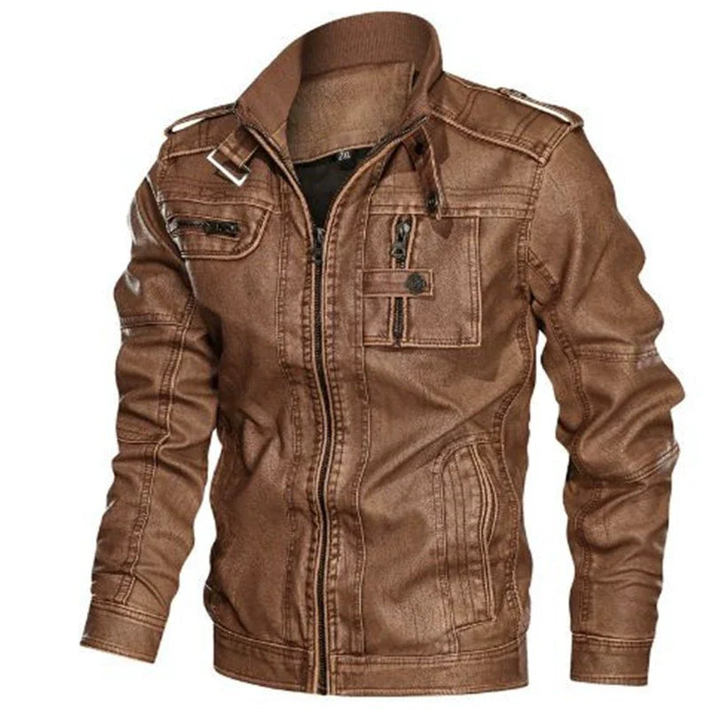 Men’s Jacket – Slim Fit – Leather-Like Fabric – Stand-Up Collar – Multi-Pocket – Epaulet Design