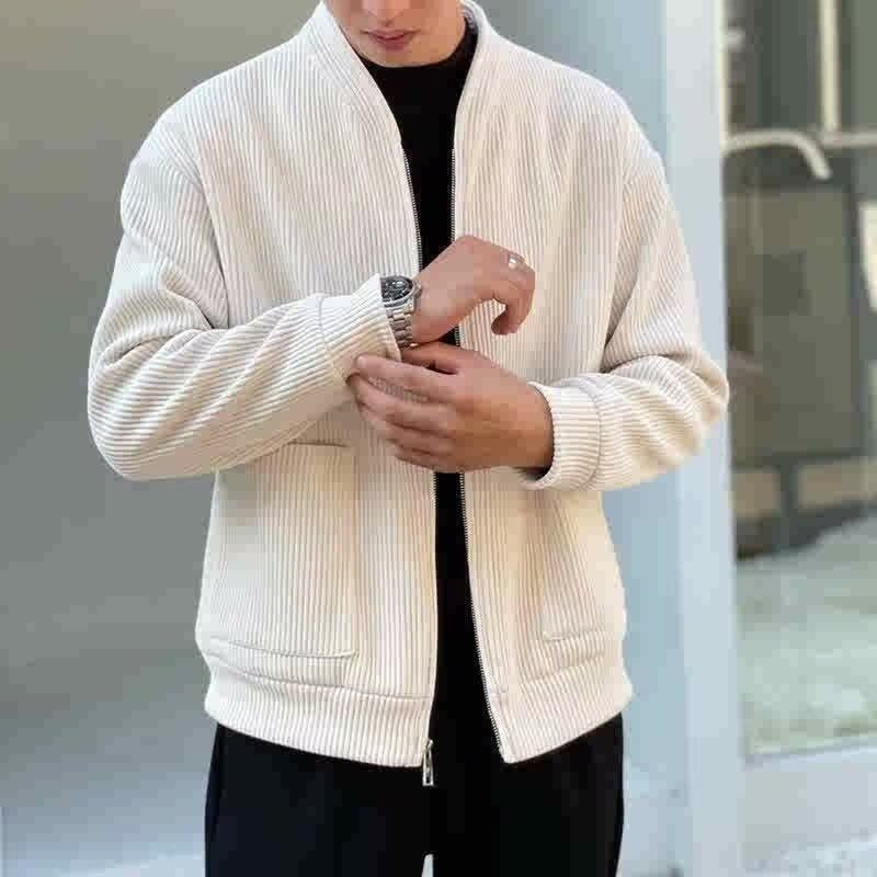 Men’s Corduroy Jacket – Relaxed Fit – V-Neck Zip Front – Ribbed Texture Casual Outerwear
