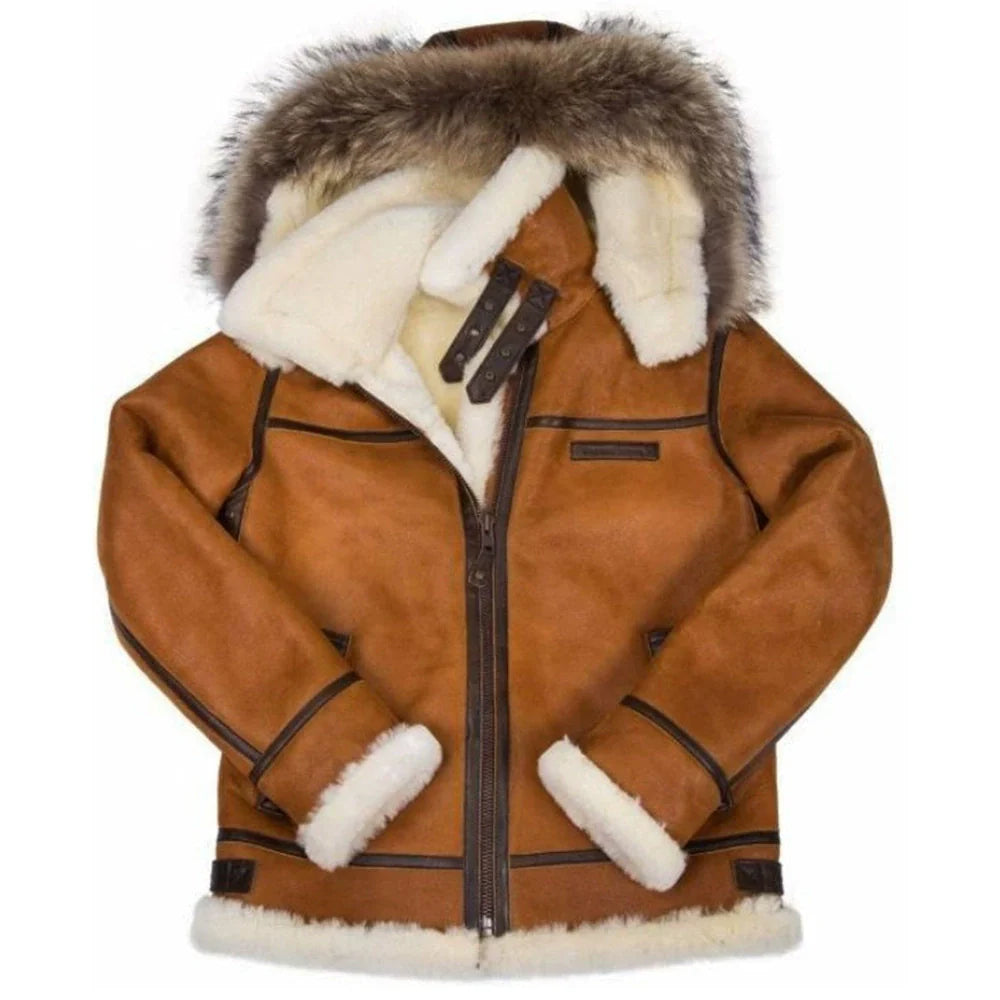 Men’s Aviator Jacket – Regular Fit – Wool Lined – Fur Trimmed Hood – Leather Details