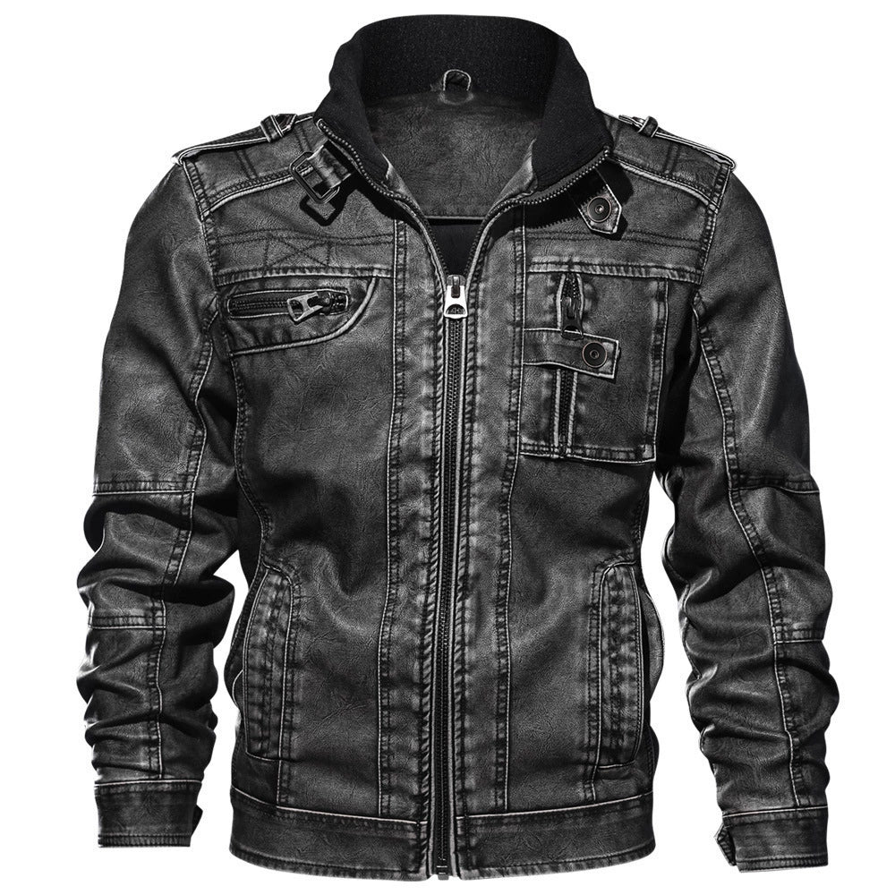 Men’s Jacket – Slim Fit – Leather-Like Fabric – Stand-Up Collar – Multi-Pocket – Epaulet Design