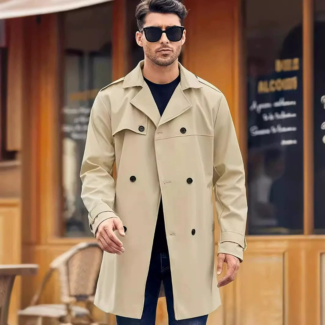 Men’s Trench Coat – Regular Fit – Double-Breasted – Cotton Blend – Storm Flap – Mid-Thigh Length