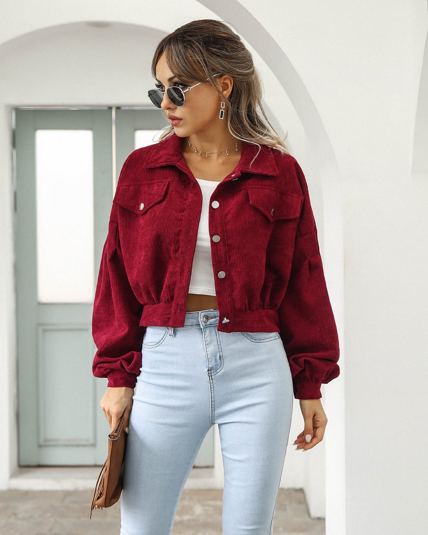 Women’s Cropped Jacket – Corduroy Texture – Lantern Sleeves – Relaxed Fit – Snap Closure