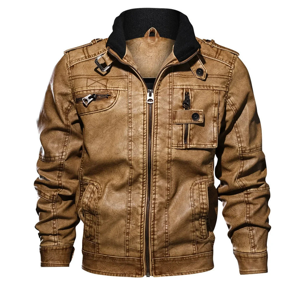 Men’s Jacket – Slim Fit – Leather-Like Fabric – Stand-Up Collar – Multi-Pocket – Epaulet Design
