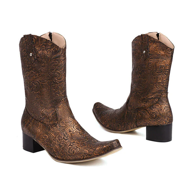 Men's Mid-Calf Boot – Embossed Floral Design – Pointed Toe – Low Block Heel – Zipper Closure