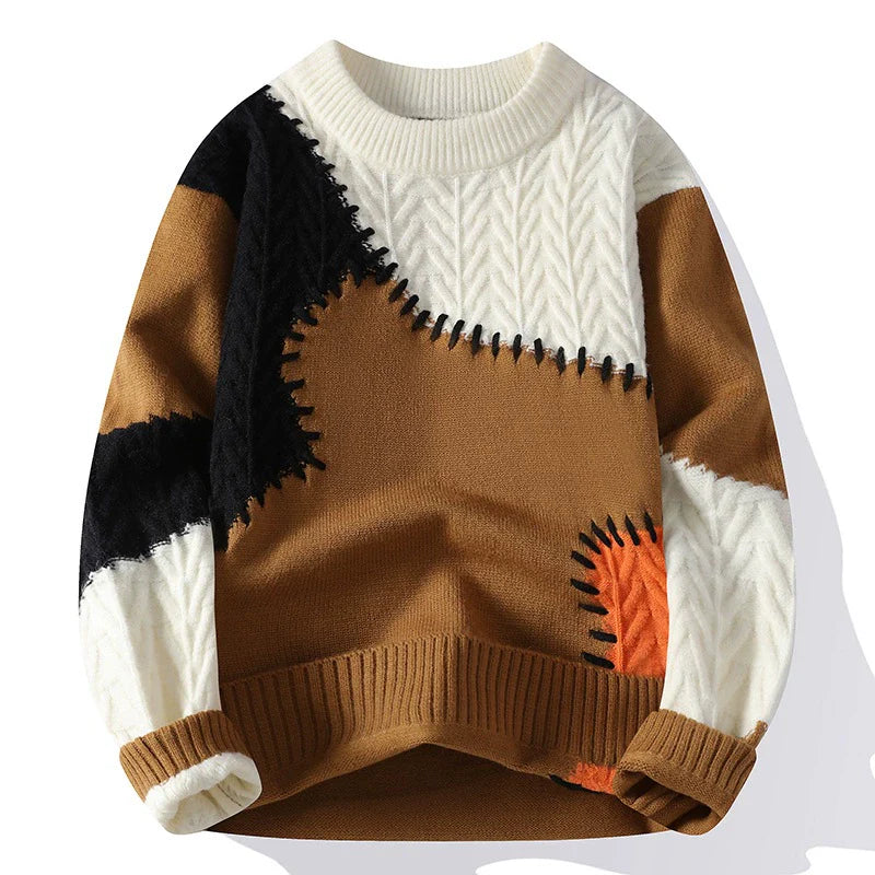 Men’s Sweater – Loose Fit – Knitted Patchwork – Ribbed Crew Neck – Casual Wear
