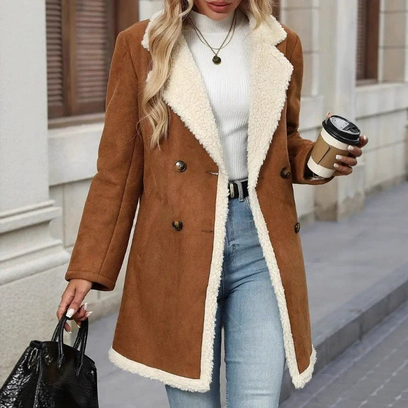 Women’s Mid-Length Coat – Double-Breasted – Faux Suede – Plush Lining – Relaxed Fit