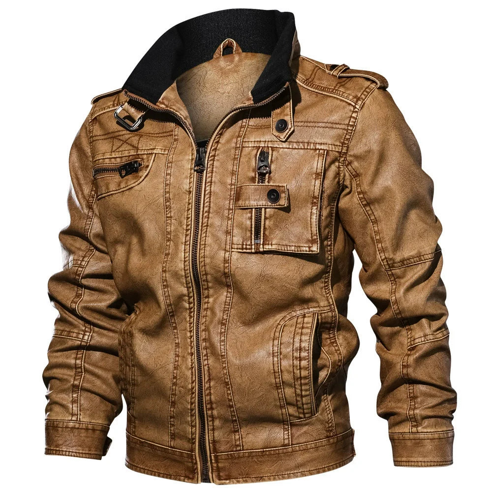 Men’s Jacket – Slim Fit – Leather-Like Fabric – Stand-Up Collar – Multi-Pocket – Epaulet Design