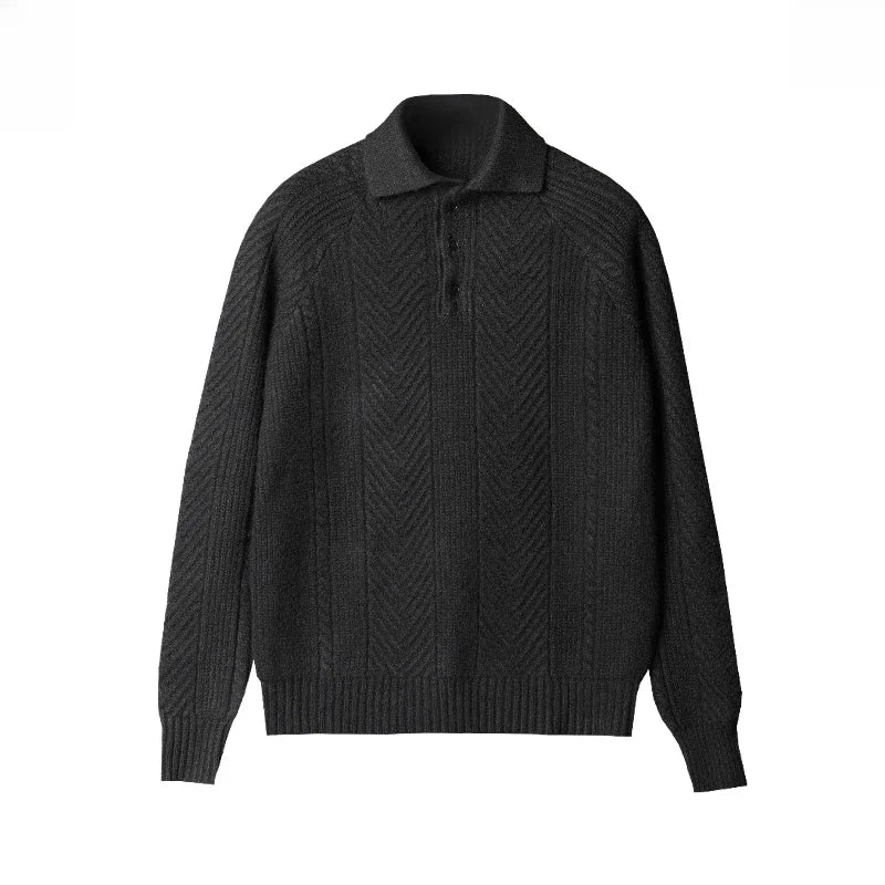 Men’s Sweater – Slim Fit – Wool Knit – Cable Pattern – Polo Collar – Long Sleeve