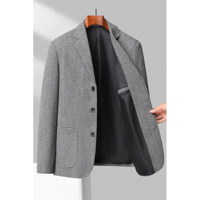 Men’s Blazer – Tailored Fit – Wool Blend – Herringbone Pattern – Notched Lapel – 3 Button
